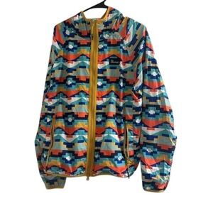 Penfield Mens Abstract Geometric Print Hooded Windbreaker Jacket Yellow Zip M